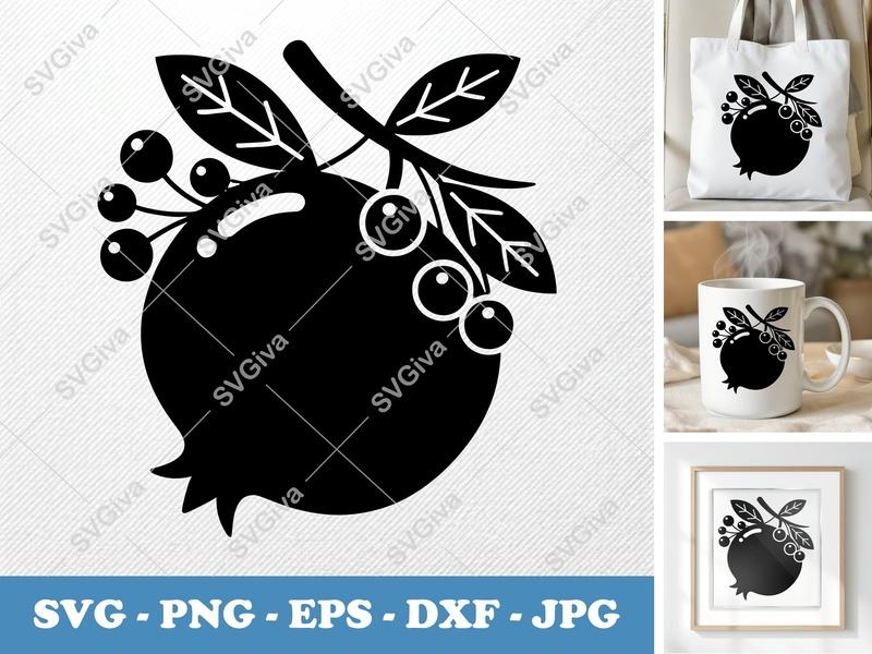 Pomegranate SVG | Modern Fruit Design with Leaves & Berries | PNG EPS DXF | Cricut Silhouette Cut File