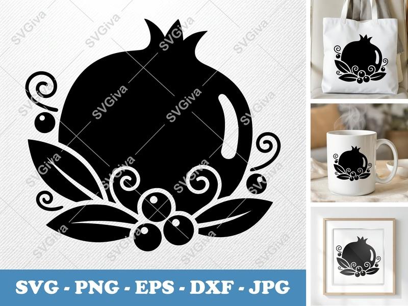 Pomegranate SVG, Modern Fruit Design with Leaves & Berries | PNG EPS DXF for Cricut & Silhouette | Vector Clipart