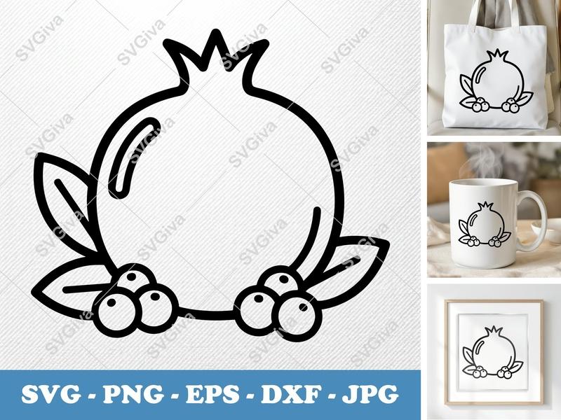 Pomegranate SVG, Modern Fruit with Leaves & Berries | PNG EPS DXF for Cricut & Silhouette, Minimalist Design