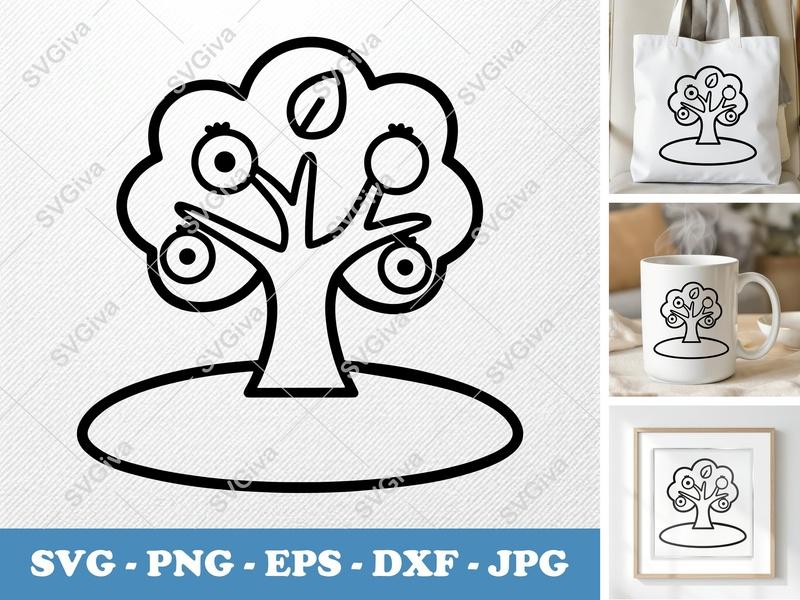 Pomegranate Tree on a piece of land SVG, Cute Fruit Tree Cut File, Outline Graphic PNG DXF EPS, Cricut Silhouette Ready