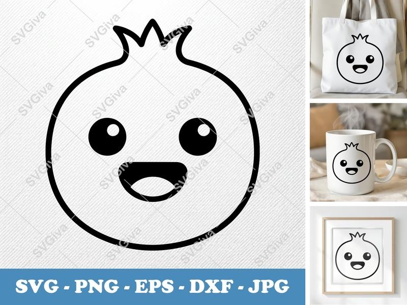 Pomegranate with Smiling Face SVG | Friendly Rounded Body Bean Shape Vector | PNG DXF EPS | Cricut Silhouette Cut File