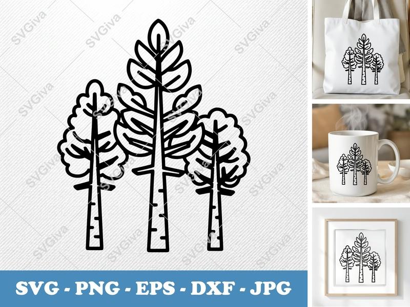 Ponderosa Pine in a group SVG | Double Outline Tree Forest Design | PNG DXF EPS for Cricut & Silhouette | Nature Landscape Cut File