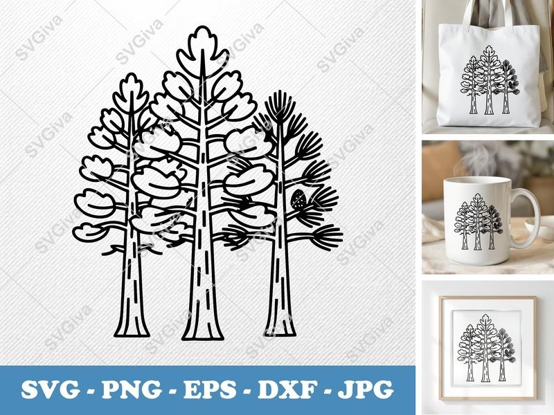 Ponderosa Pine SVG | Modern Outline Forest Tree Cut File | PNG EPS DXF for Cricut & Silhouette | Nature Clipart