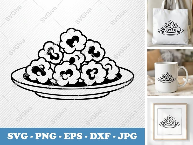 Popcorn on a Plate SVG | Minimalist Bold Contour PNG DXF EPS | Cricut Silhouette File