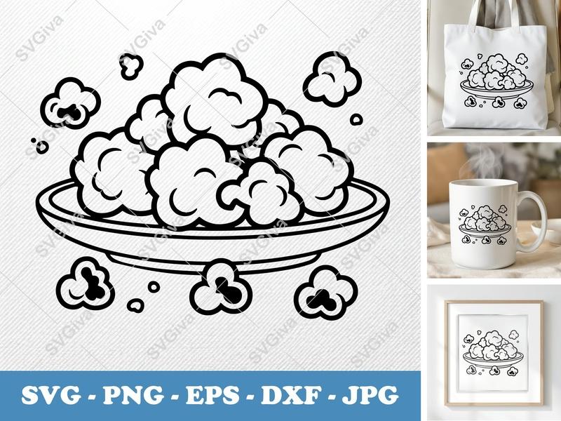 Popcorn SVG, Modern Clean Popcorn Bowl Cut File, PNG EPS DXF for Cricut & Silhouette, Movie Snack Vector Clipart