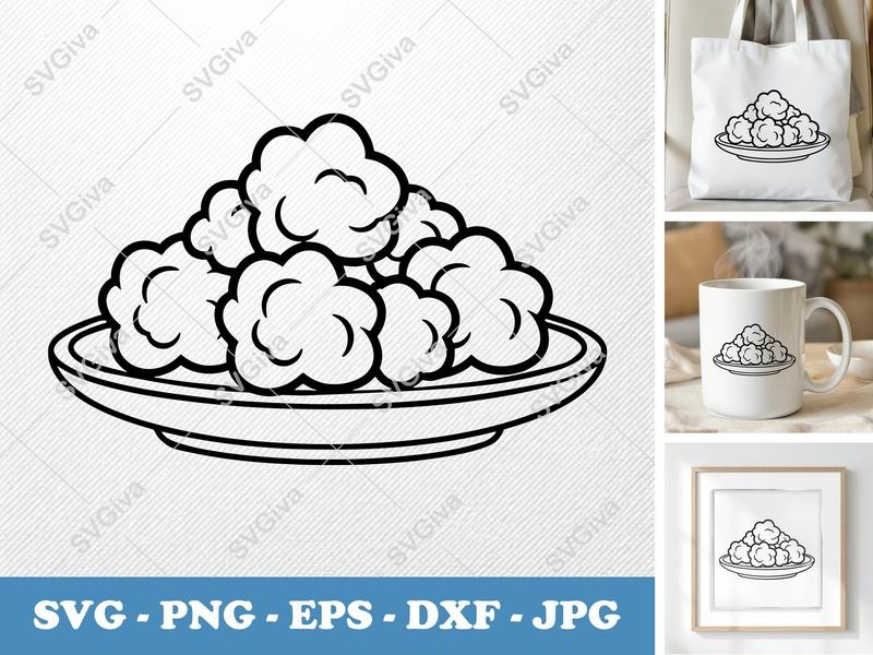 Popcorn SVG Outline, Bowl of Popcorn Cut File, Movie Snack Vector, PNG, EPS, DXF for Cricut & Silhouette