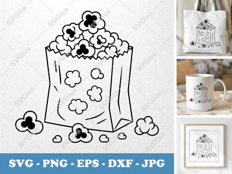 Popcorn SVG, Outline Popcorn Bag, Modern Clean Line Art, PNG EPS DXF for Cricut & Silhouette, Movie Night Snack