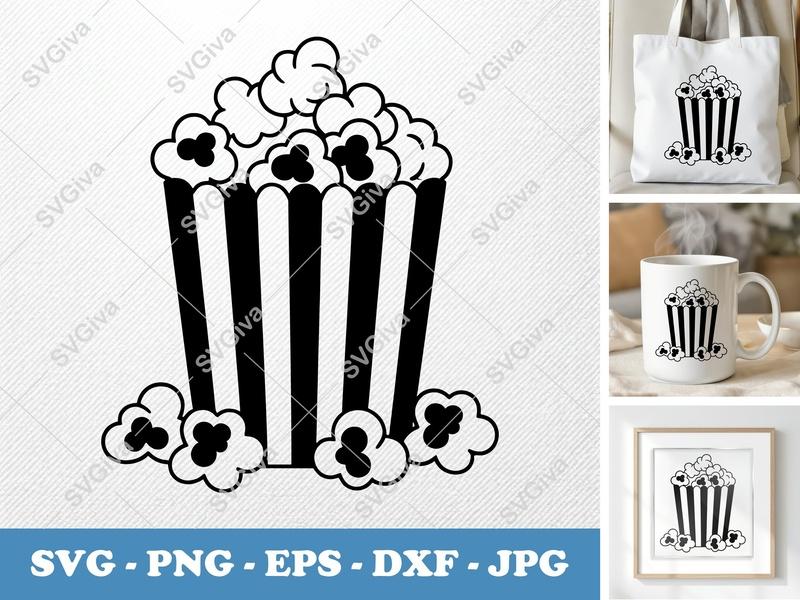 Popcorn SVG | Striped Bucket Popcorn Cut File | PNG EPS DXF for Cricut Silhouette | Movie Night Snack Vector Clipart