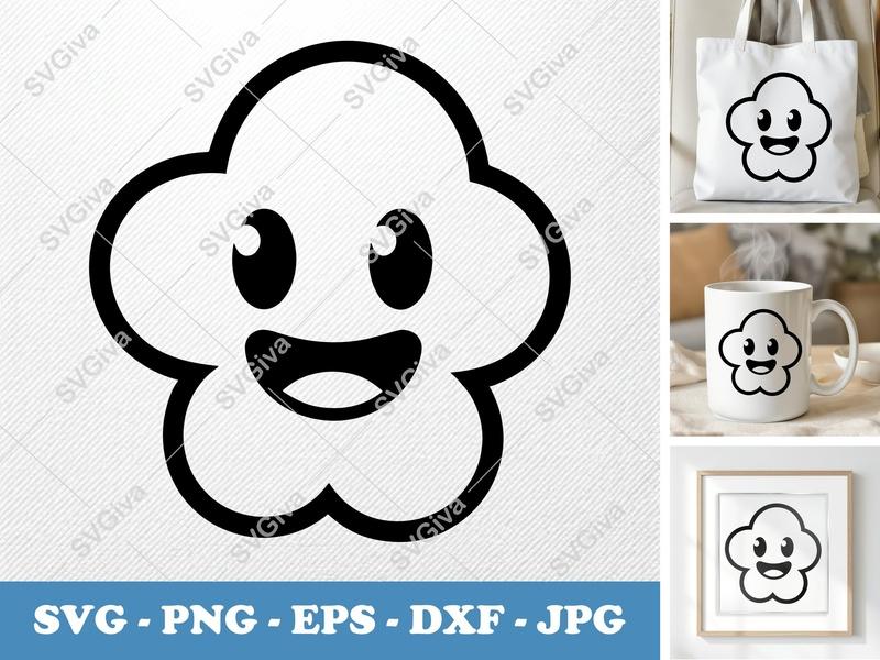 Popcorn with Smiling Face SVG | Food Cut File PNG DXF EPS Cricut Silhouette Vector