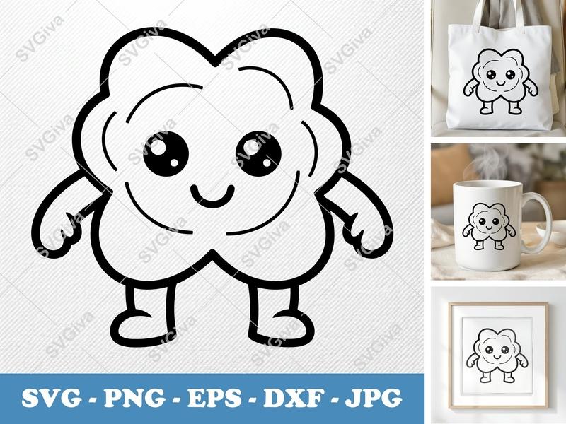 Popcorn with Smiling Face SVG | Kawaii Double-Outline | Thick Contour Thin Lines | PNG DXF EPS | Cricut Silhouette Cut File
