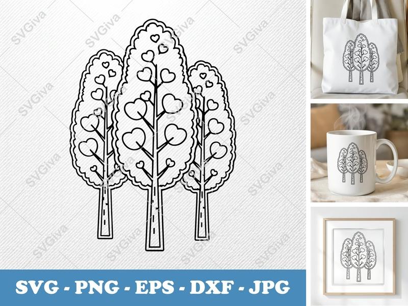 Poplar Tree in a group SVG | Heart Leaves Forest Outline | Love Tree PNG EPS DXF | Cricut Silhouette File