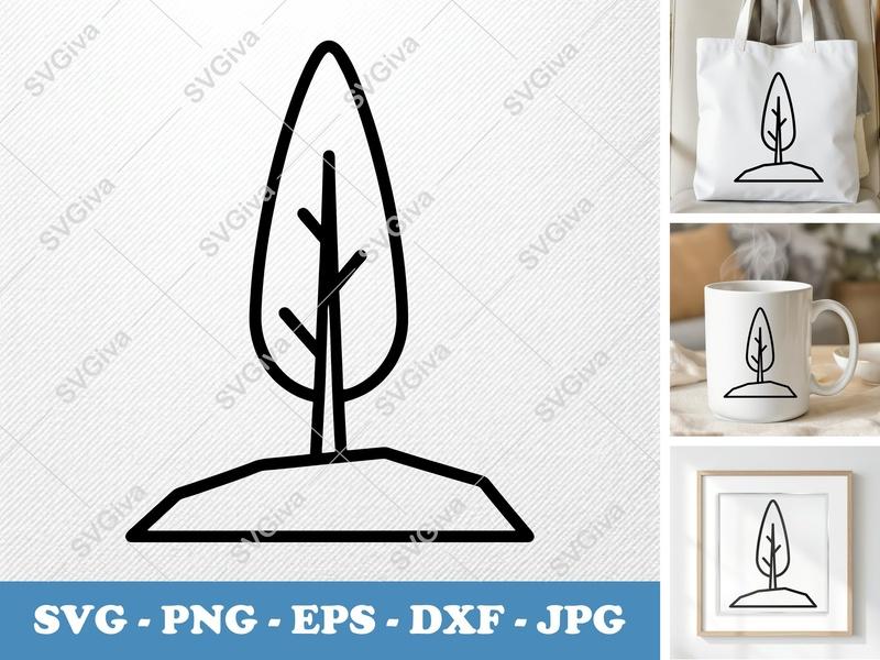 Poplar Tree on a piece of land SVG | Outline Line Art, Minimalist | PNG EPS DXF | Cricut Silhouette Cut File
