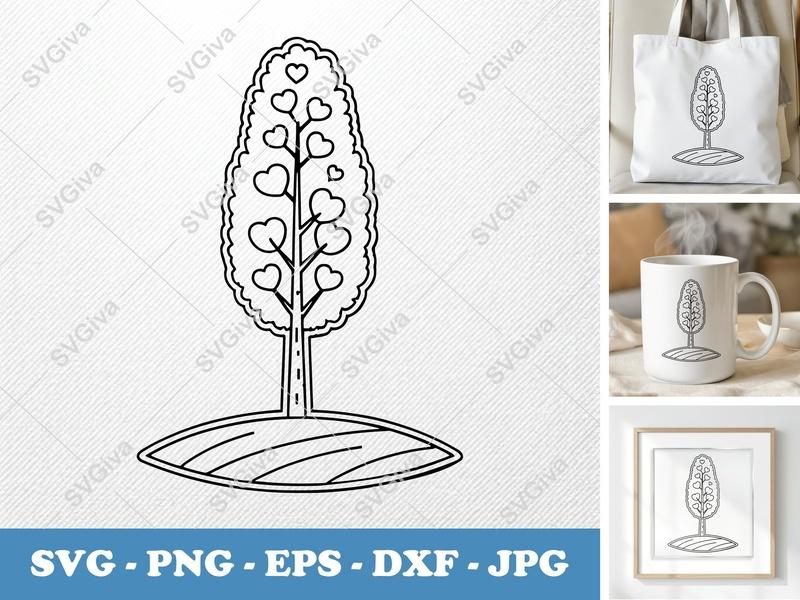 Poplar Tree SVG | Heart Leaves, Modern Line Art, Love Tree | PNG EPS DXF for Cricut, Silhouette | Nature Art Cut File