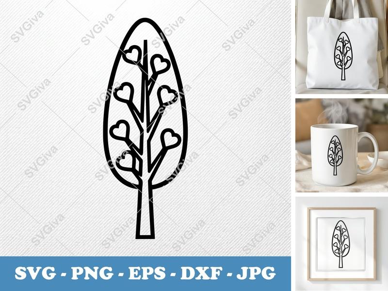 Poplar Tree SVG | Modern Heart Leaves Cut File | PNG EPS DXF for Cricut & Silhouette | Minimalist Nature Vector