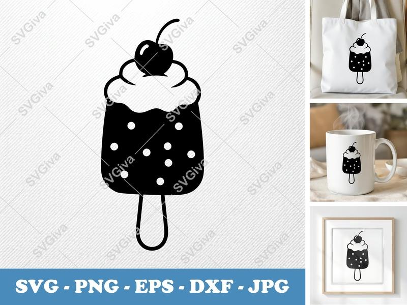 Popsicle SVG | Ice Cream Bar with Cherry, Whipped Cream, Polka Dots | PNG EPS DXF for Cricut Silhouette Summer Cut File