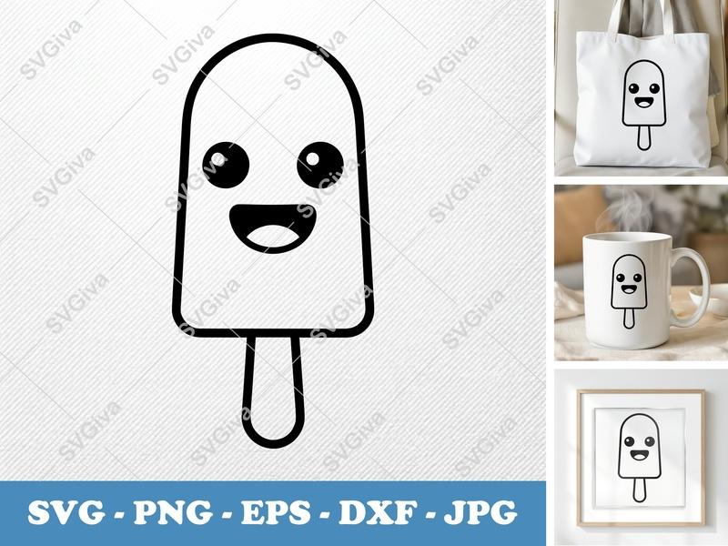 Popsicle SVG | Kawaii Happy Face | Outline Clipart PNG EPS DXF | Cricut Silhouette Cut File | Summer Treat Vector