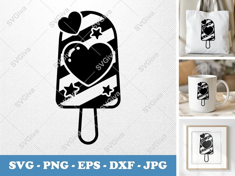 Popsicle SVG | Striped Ice Pop with Hearts & Stars | Cute Summer Treat Cut File for Cricut, Silhouette | PNG EPS DXF