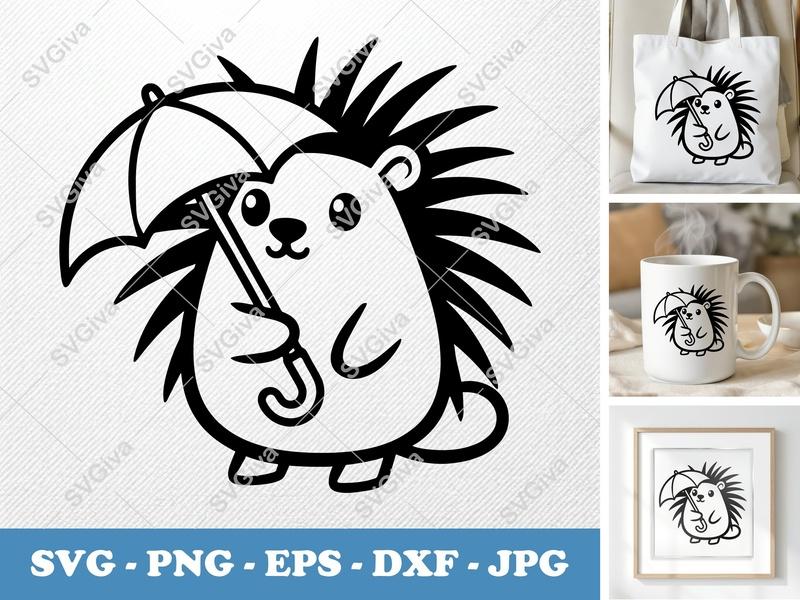 Porcupine Holding Umbrella SVG | Friendly Rounded Body Bean-Shaped Design | PNG DXF EPS for Cricut Silhouette