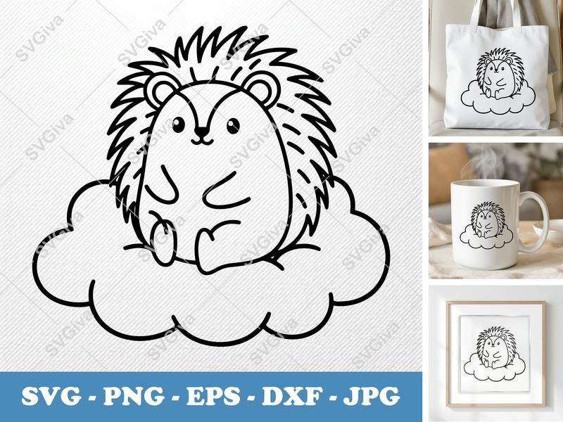 Porcupine Sitting on Cloud SVG | Friendly Rounded Body, Bean-Shaped Forms Design | PNG DXF EPS | Cricut Silhouette Cut File