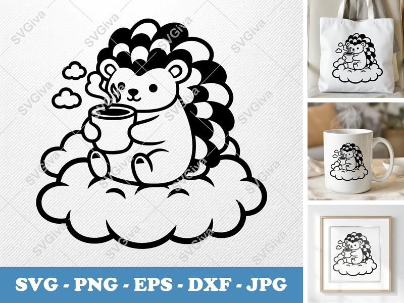 Porcupine Sitting on Cloud SVG | Puffy Cartoon | Inflated Pillow Soft Forms | PNG DXF EPS | Cricut Silhouette File