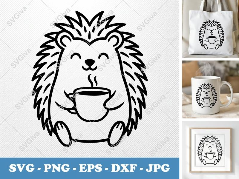 Porcupine SVG, Coffee Cup Porcupine, Cute Animal Design, PNG EPS DXF for Cricut & Silhouette, Modern Clean Clip Art