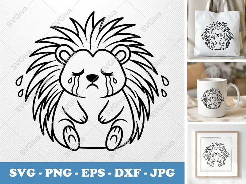 Porcupine SVG Crying Sad Kawaii Animal Cut File | PNG, EPS, DXF for Cricut & Silhouette | Modern Clean Design