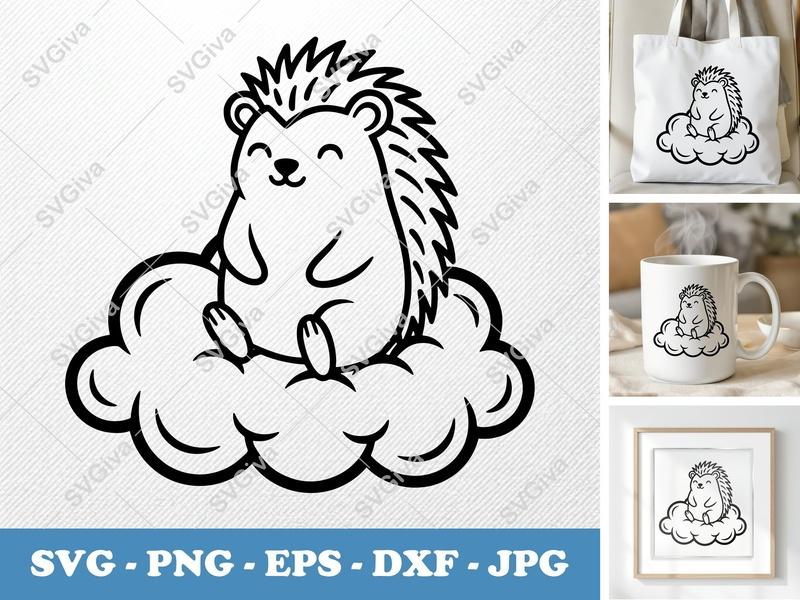 Porcupine SVG, Cute Smiling Porcupine on Cloud, Modern Animal Cut File | PNG EPS DXF for Cricut Silhouette
