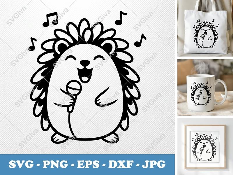 Porcupine SVG Singing, Music Notes, Cute Animal Cut File | PNG EPS DXF for Cricut Silhouette
