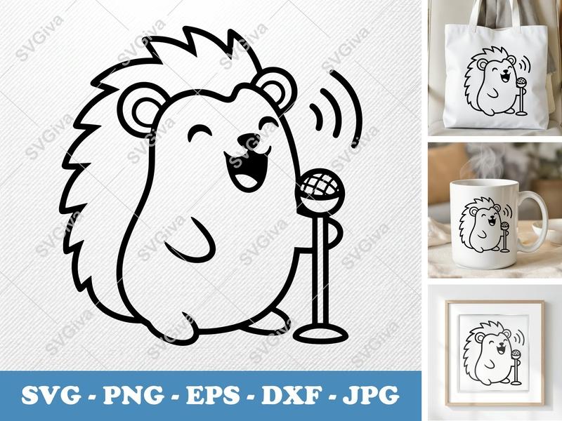 Porcupine SVG, Singing Porcupine with Microphone, Cute Animal PNG EPS DXF, Cricut Silhouette Cut File, Modern Cartoon Vector