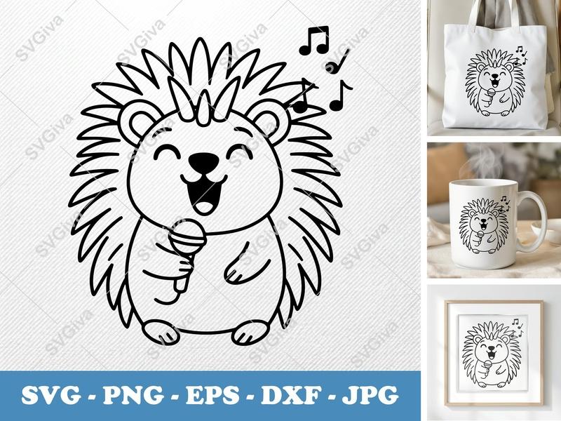 Porcupine SVG, Singing Porcupine with Microphone | Music Notes Cut File for Cricut & Silhouette | PNG EPS DXF Vector Clipart