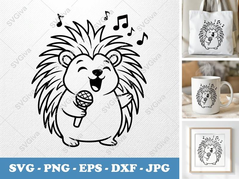 Porcupine SVG, Singing Porcupine with Microphone, Music Notes | PNG EPS DXF | Cricut Silhouette | Animal Cut File