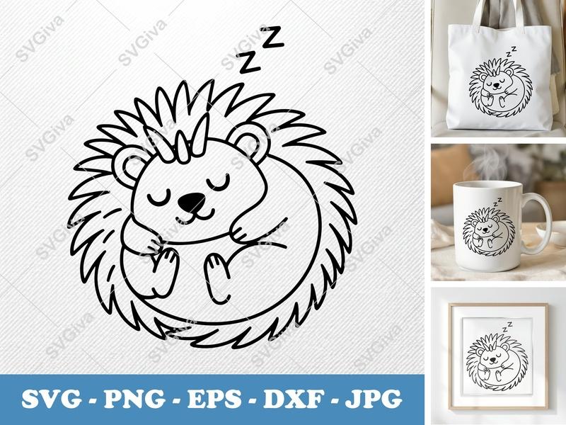 Porcupine SVG Sleeping, Cute Animal Cut File PNG EPS DXF | Cricut Silhouette Design, Baby Nursery Art, Quill
