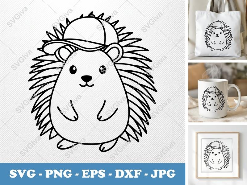 Porcupine SVG with Cap | Modern Cartoon Animal Cut File | PNG, EPS, DXF for Cricut & Silhouette