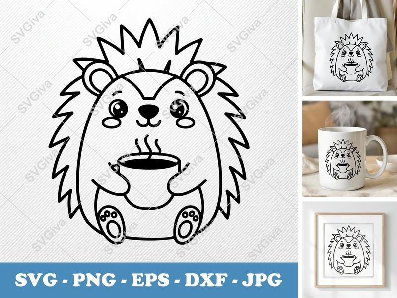 Porcupine SVG with Coffee Cup | Cute Animal Cut File | PNG EPS DXF for Cricut & Silhouette | Modern Clean Design
