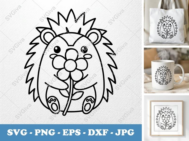 Porcupine SVG with Flower, Cute Animal Cut File, PNG EPS DXF for Cricut & Silhouette, Modern Clean Design