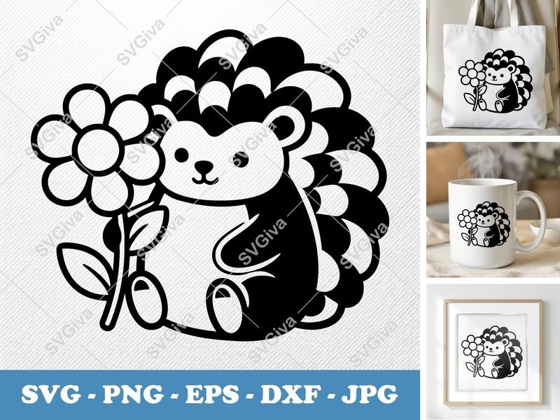 Porcupine SVG with Flower | Puffy Cartoon Design | Pillow-Soft Cut File for Cricut, Silhouette | PNG, DXF, EPS