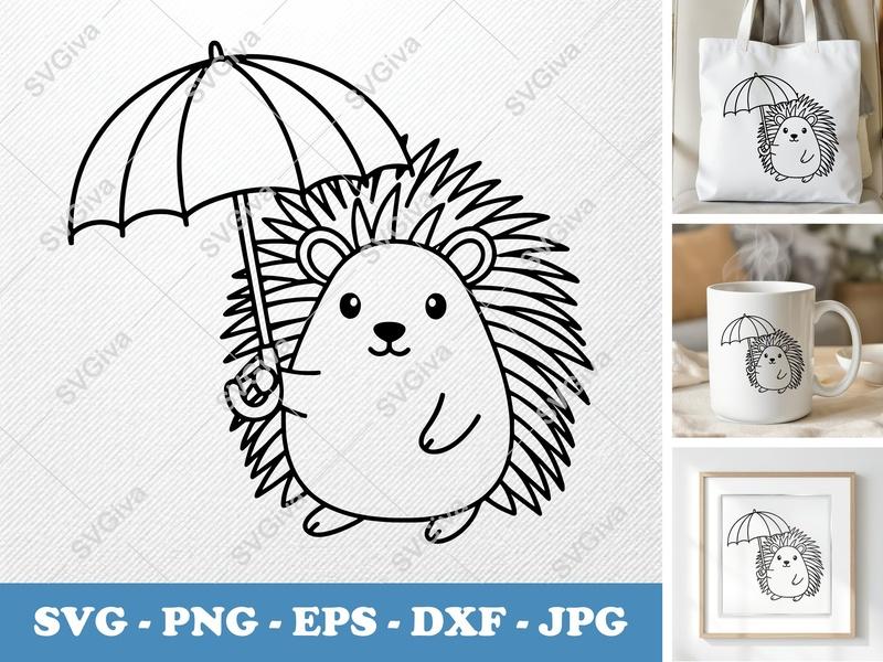 Porcupine SVG with Umbrella | Cute Animal Cut File PNG EPS DXF for Cricut & Silhouette | Modern Clean Design