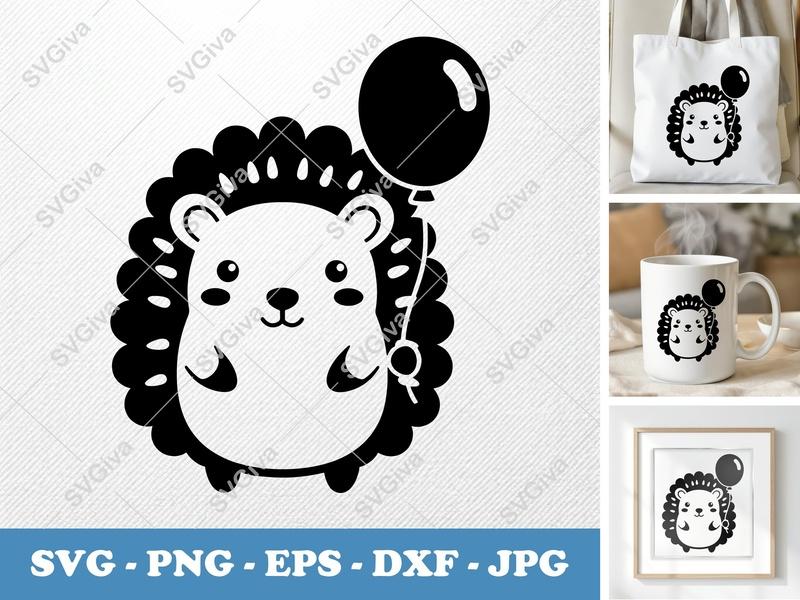 Porcupine with Balloon SVG PNG DXF EPS | Cute Animal Cut File Cricut Silhouette Vector