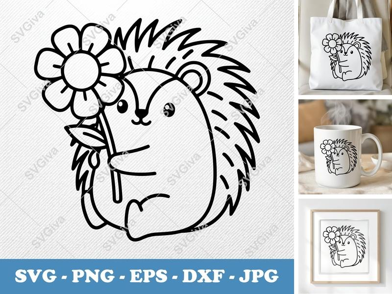 Porcupine with Flower SVG | Friendly Bean-Shaped Design | PNG DXF EPS | Cricut Silhouette Cut File