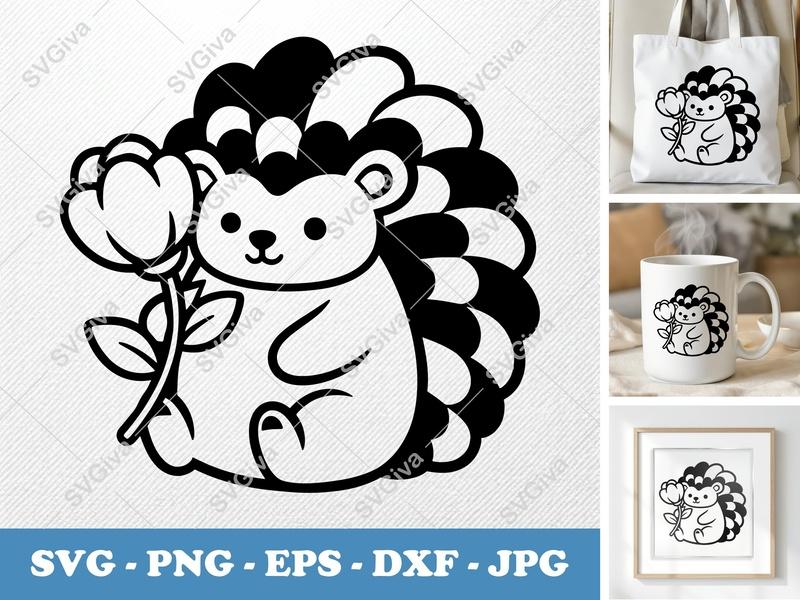 Porcupine with Flower SVG | Puffy Pillow Soft Shapes | Cricut Silhouette File | PNG DXF EPS