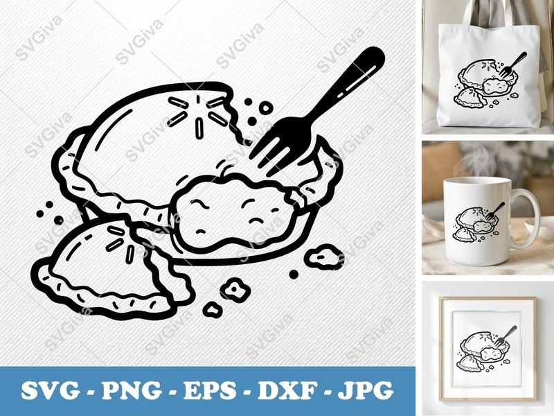 Pot Pie SVG Cut File, Modern Cooked Food Clipart with Fork, PNG EPS DXF for Cricut & Silhouette, Kitchen Decor