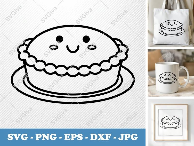 Pot Pie SVG Kawaii Face, Cute Food Outline, Modern Design | PNG EPS DXF for Cricut & Silhouette, Kitchen Decor