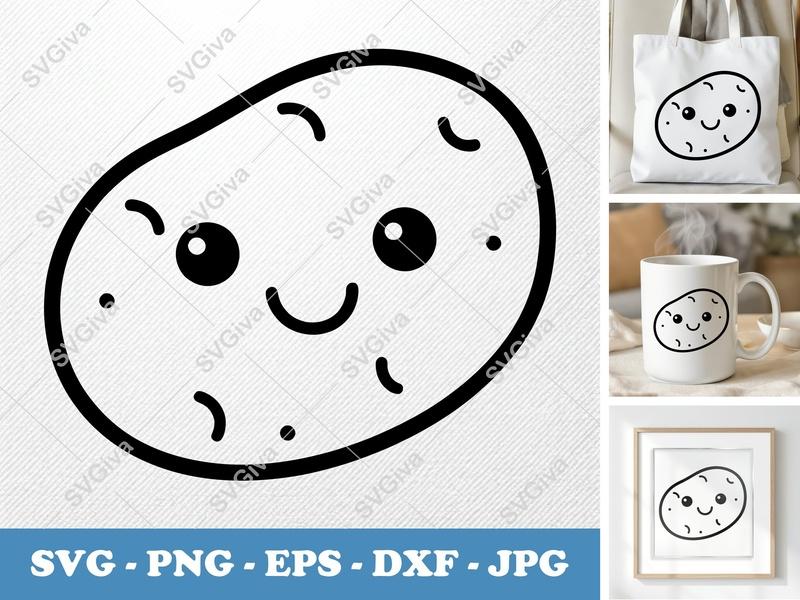 Potato SVG | Cute Kawaii Face Outline | PNG EPS DXF Cut File for Cricut, Silhouette, Vector Clipart, Digital Download