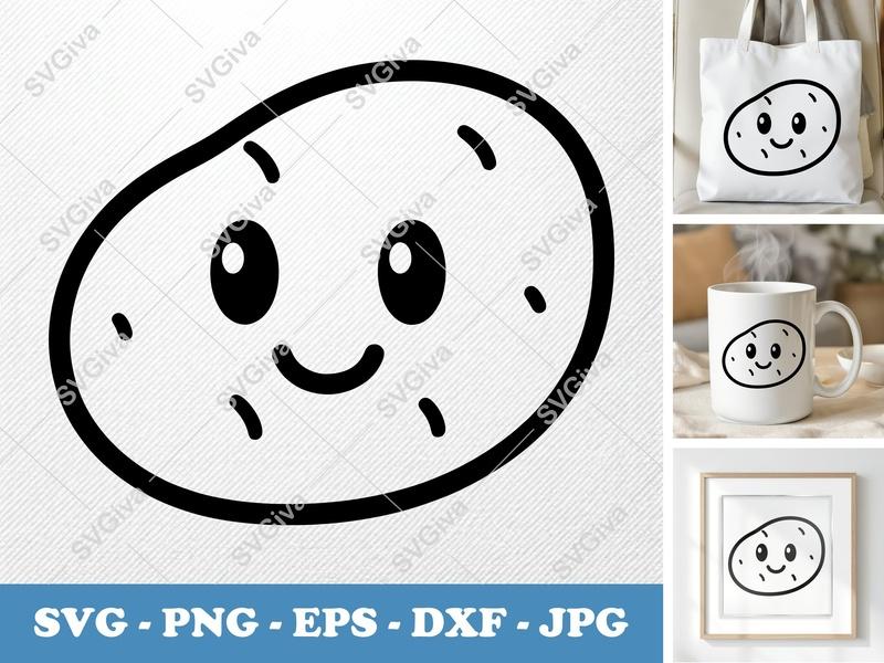 Potato with Smiling Face SVG | Puffy Cartoon Tater PNG DXF EPS | Cricut Silhouette File | Soft Kawaii Food Veggie Clipart