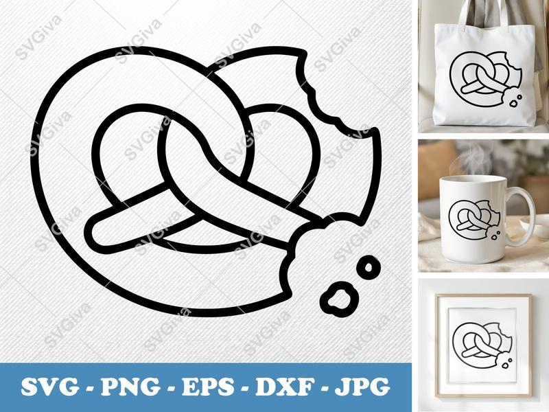 Pretzel SVG Bitten Outline, Modern Snack Food Cut File, Bakery Clipart | PNG EPS DXF for Cricut Silhouette