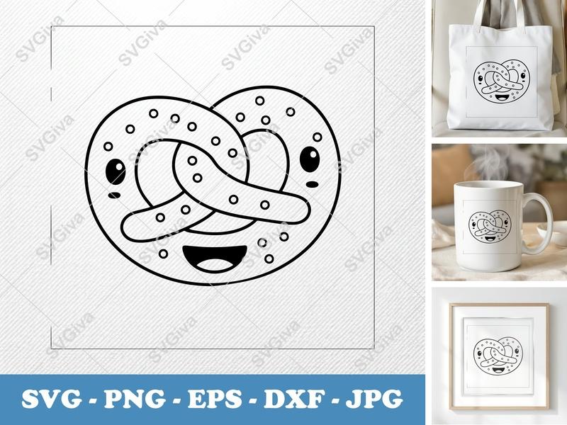 Pretzel SVG Kawaii Cut File | Cute Food Clipart | Outline Design PNG EPS DXF | Cricut Silhouette Ready