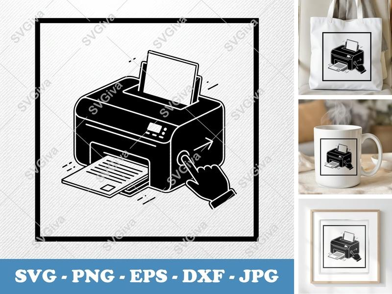 Printer SVG | Modern Printing Machine Icon, Finger Press Button | PNG EPS DXF for Cricut & Silhouette