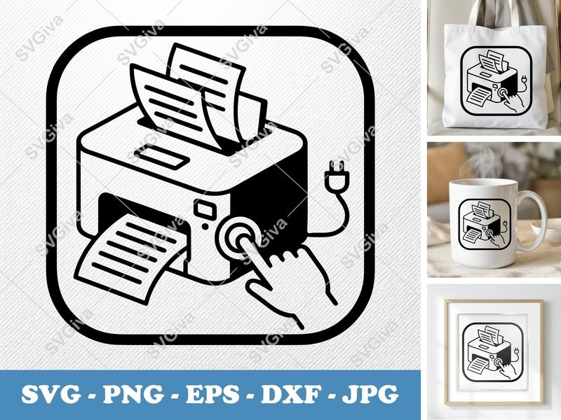 Printer SVG | Modern Printing Machine Icon, Hand Press Button | PNG EPS DXF for Cricut, Silhouette, Vector Clipart