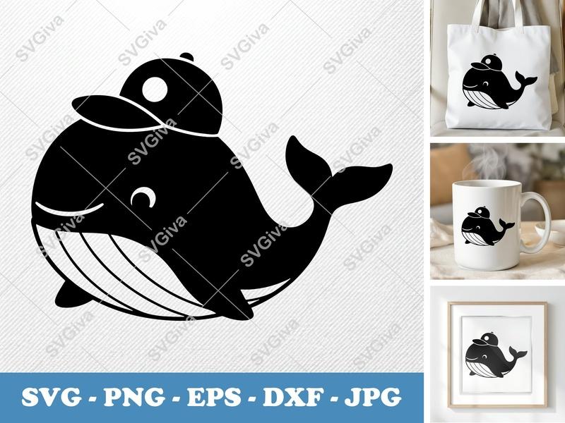 Puffy Whale with Cap SVG | Kawaii Inflated Ocean Art for Cricut & Silhouette | PNG, DXF, EPS Files