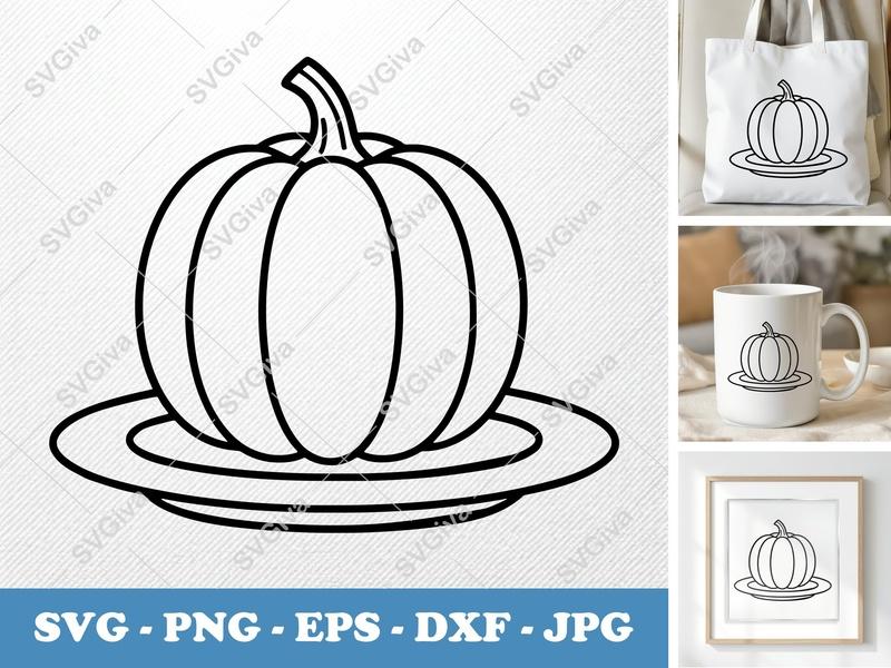 Pumpkin on a Plate SVG | Fall Harvest Cut File EPS PNG DXF Cricut Silhouette Vector